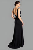 Jersey V-Neck Open Back Long Black Dress