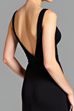 Jersey V-Neck Open Back Long Black Dress