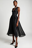 V-Neck A-Line Tulle Tea Length Black Tie Dress