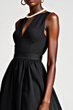 V-Neck A-Line Tulle Tea Length Black Tie Dress