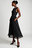 V-Neck A-Line Tulle Tea Length Black Tie Dress