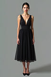 Deep V-Neck A-Line Chiffon Tea Length Black Dress with Open Back