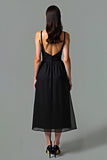 Deep V-Neck A-Line Chiffon Tea Length Black Dress with Open Back