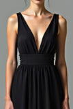 Deep V-Neck A-Line Chiffon Tea Length Black Dress with Open Back