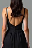 Deep V-Neck A-Line Chiffon Tea Length Black Dress with Open Back