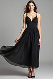 Spaghetti Straps A-Line Ankle Length Black Dress with Open Back