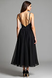 Spaghetti Straps A-Line Ankle Length Black Dress with Open Back