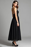 Spaghetti Straps A-Line Ankle Length Black Dress with Open Back