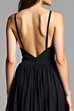 Spaghetti Straps A-Line Ankle Length Black Dress with Open Back