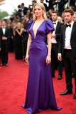 Purple Satin V Neck Gala Dress with Puff Sleeves