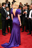 Purple Satin V Neck Gala Dress with Puff Sleeves