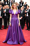 A Line Satin V Neck Puff Sleeve Purple Gala Dress