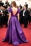 A Line Satin V Neck Puff Sleeve Purple Gala Dress