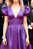 A Line Satin V Neck Puff Sleeve Purple Gala Dress