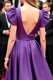 A Line Satin V Neck Puff Sleeve Purple Gala Dress