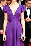 Purple Stretch Satin Deep V Neck A Line Gala Dress with Short Puff Sleeves