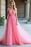 Pink A Line Backless Long Prom Dress