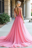 Pink A Line Backless Long Prom Dress