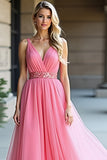 Pink A Line Backless Long Prom Dress