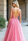 Pink A Line Backless Long Prom Dress