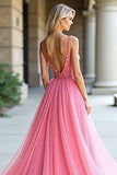 Pink A Line Backless Long Prom Dress