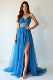 Blue Beaded Long Prom Dress With Slit