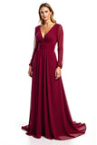 Burgundy A Line Long Sleeve Wedding Guest Dress