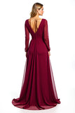 Burgundy A Line Long Sleeve Wedding Guest Dress