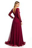 Burgundy A Line Long Sleeve Wedding Guest Dress