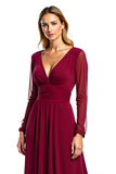 Burgundy A Line Long Sleeve Wedding Guest Dress