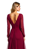 Burgundy A Line Long Sleeve Wedding Guest Dress