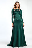 Green Satin A Line Round Neck Long Sleeve Formal Dress