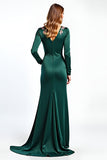 Green Satin A Line Round Neck Long Sleeve Formal Dress