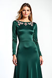 Green Satin A Line Round Neck Long Sleeve Formal Dress