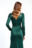 Green Satin A Line Round Neck Long Sleeve Formal Dress