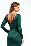 Green Satin A Line Round Neck Long Sleeve Formal Dress