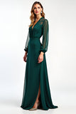 Pine A Line V-Neck Illusion Long Sleeve Formal Dress With Slit