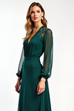 Pine A Line V-Neck Illusion Long Sleeve Formal Dress With Slit