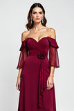 Burgundy Off The Shoulder A Line Long Formal Dress