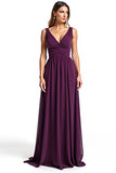 Purple A Line V-Neck Pleated Long Formal Dress