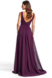 Purple A Line V-Neck Pleated Long Formal Dress