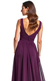 Purple A Line V-Neck Pleated Long Formal Dress