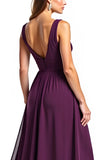 Purple A Line V-Neck Pleated Long Formal Dress