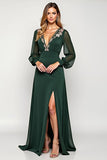 V-Neck A Line Embroidered Long Sleeve Green Formal Dress With Slit