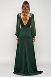 V-Neck A Line Embroidered Long Sleeve Green Formal Dress With Slit