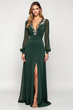 V-Neck A Line Embroidered Long Sleeve Green Formal Dress With Slit