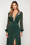 V-Neck A Line Embroidered Long Sleeve Green Formal Dress With Slit