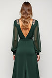 V-Neck A Line Embroidered Long Sleeve Green Formal Dress With Slit