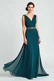 Peacock V-Neck A Line Beaded Long Mother of the Bride Dress