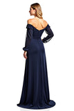 Off The Shoulder A Line Long Sleeve Navy Mother of the Bride Dress